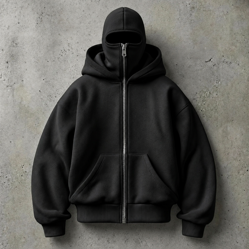 Black zip-up hoodie with mask-style hood and eye opening