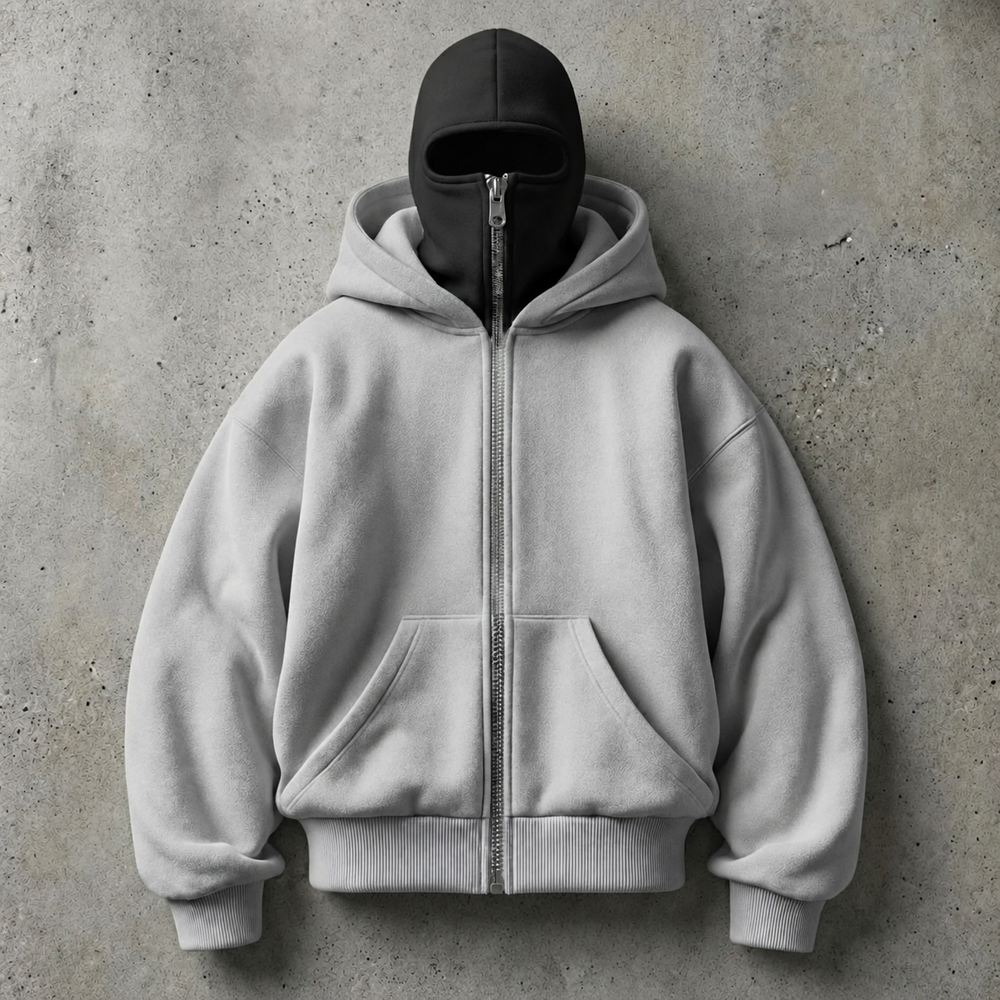 Gray / Black hood mask-style zip-up hoodie color reference