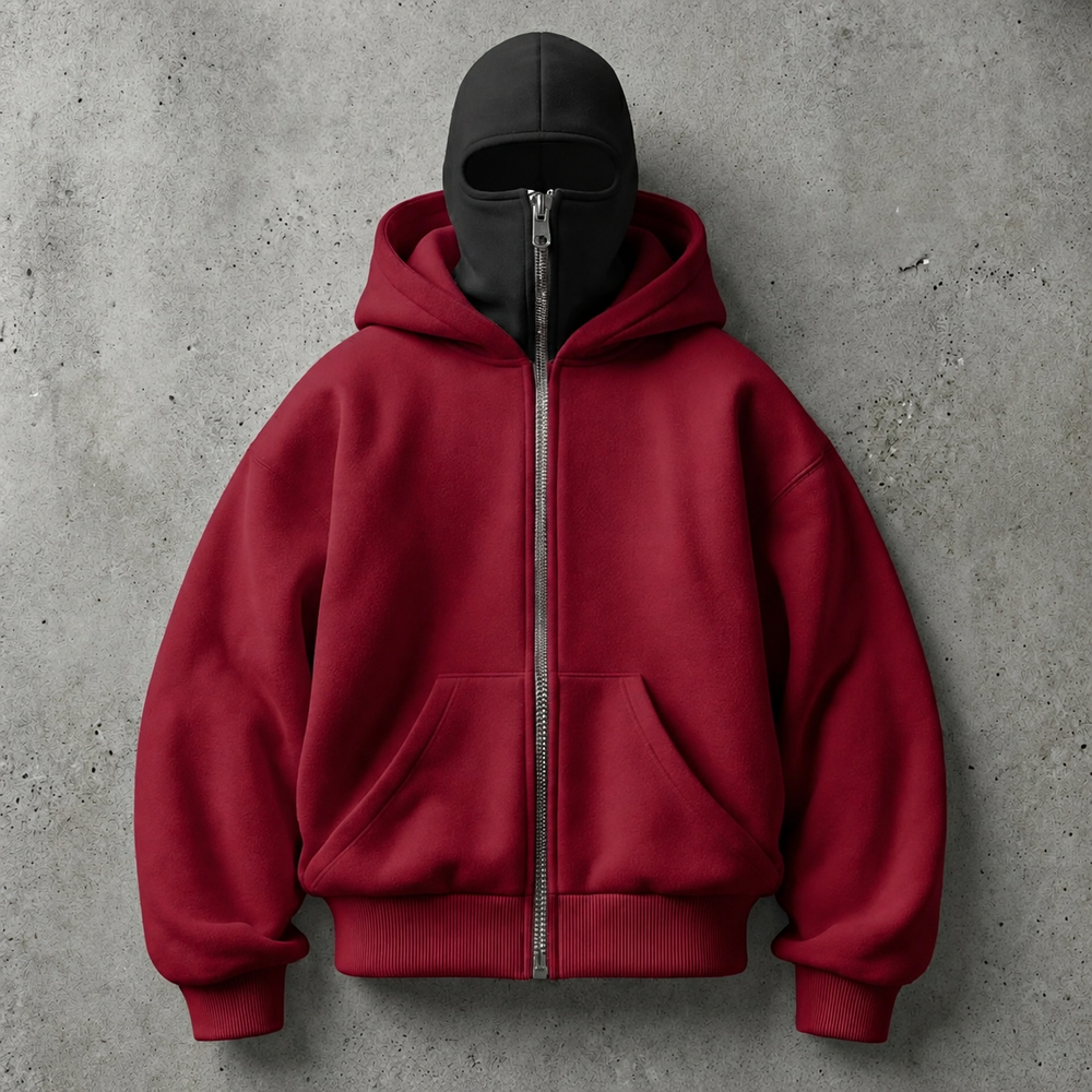 Burgundy mask-style zip-up hoodie color reference