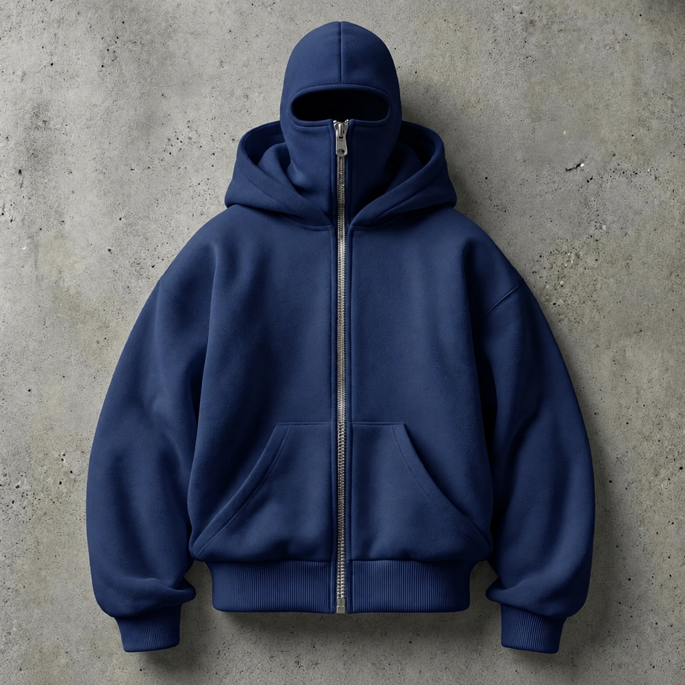 Navy mask-style zip-up hoodie color reference